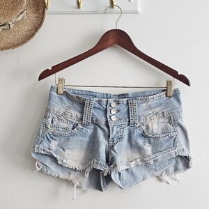 Y2K Almost Famous Low Rise Denim Shorts Studded Distressed Embroidered Size 5